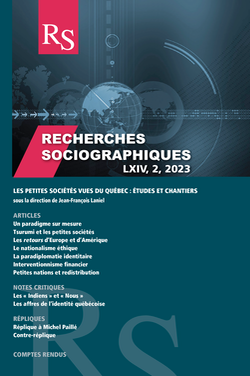 Couverture de Les petites socits vues du Qubec : tudes et chantiers, Volume 64, numro 2, mai–aot 2023, p. 271-507, Recherches sociographiques